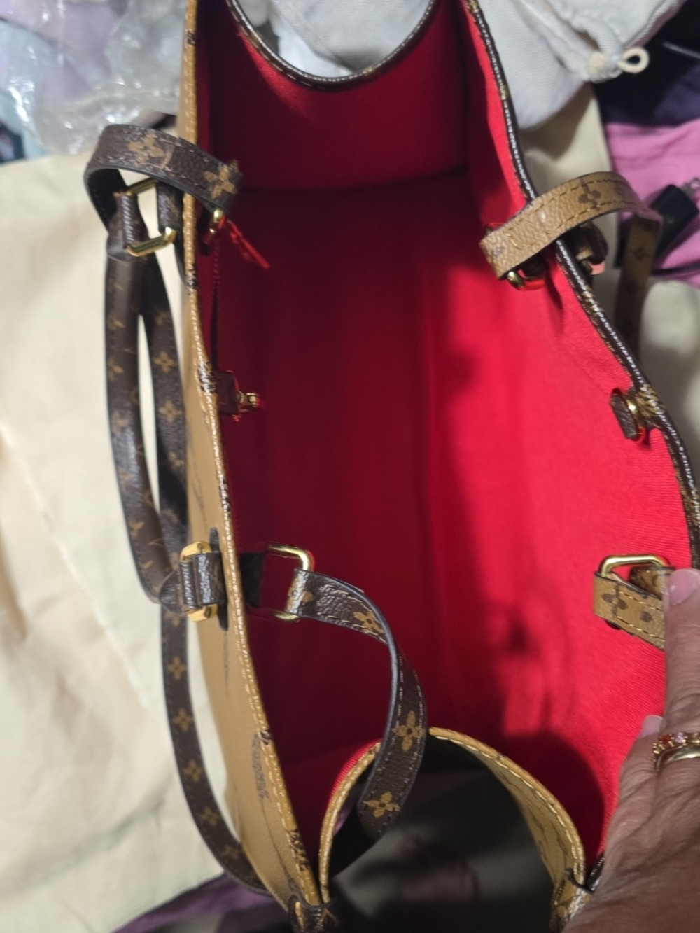 Designer-Inspired Women's Tote Bag in Brown with Red Interior